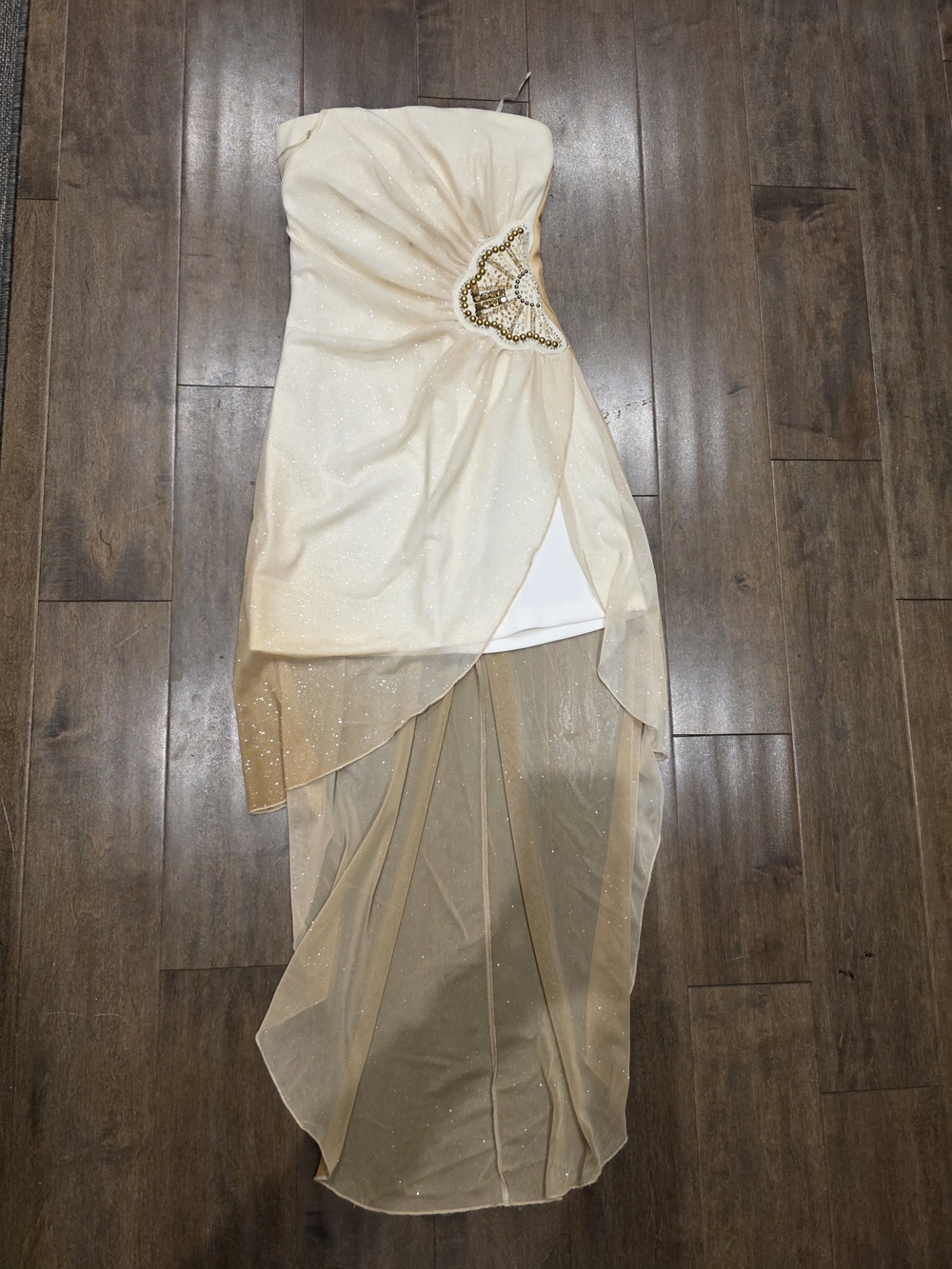 Teeze Me Champagne and White Strapless Beaded High-Low Dress